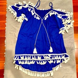 Blue swim cover up with white tassels